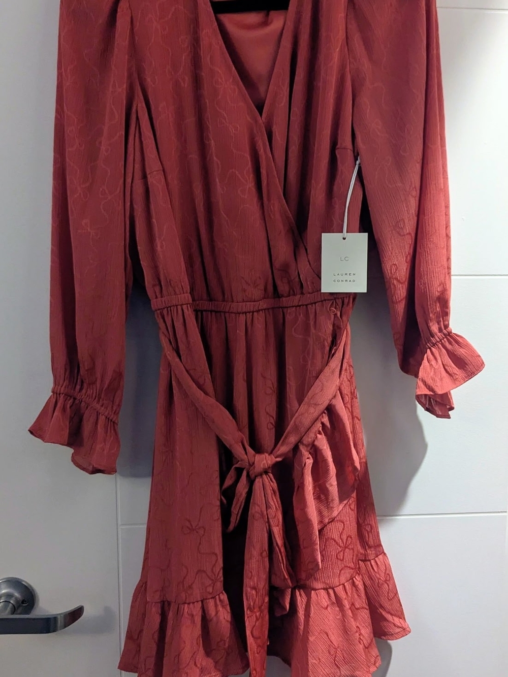 LC Lauren Conrad Rust Red Wrap Dress with Tie Waist
